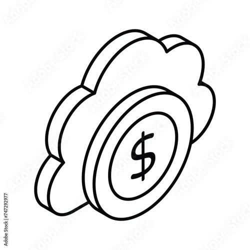 Cloud with dollar coin concept icon of cloud money in isometric style
