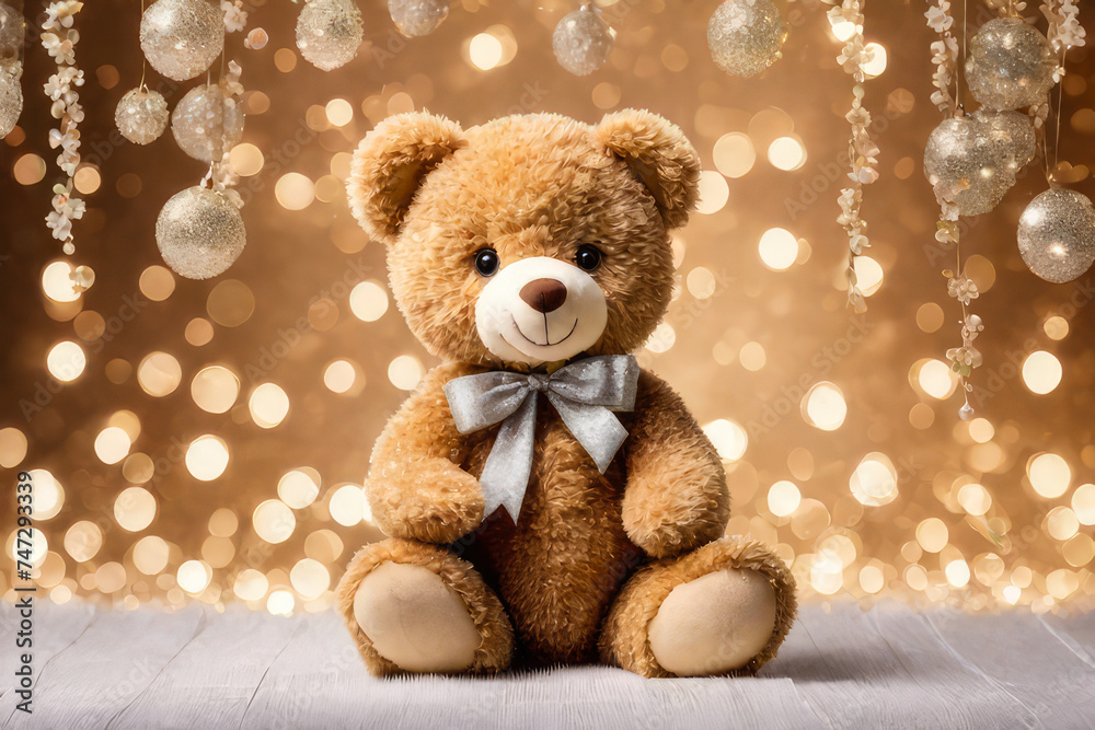 Fototapeta premium A teddy bear holds in his hands flowers as a gift for Valentine's Day, mother's Day, wedding, birthday.