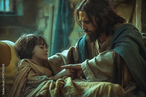 Jesus healing sick boy. Miracles of Jesus concept. Jesus Healing the sick. Christ Healing the wounded. Bible concept. Miracles and grace. The lord touching the sick with his healing hand. 