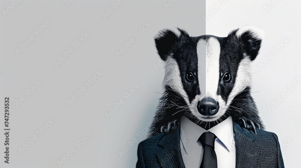 a badger wearing a suit with a tie on a plain white background on the left side of the image and the right side blank for text - obrazy, fototapety, plakaty 