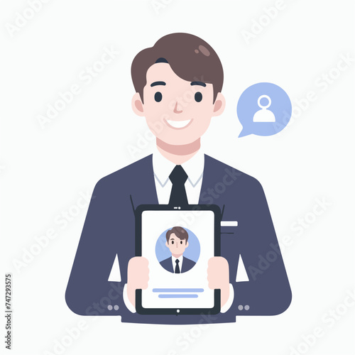 Flat design illustration of self introduction. Business man introduces biography through tablet