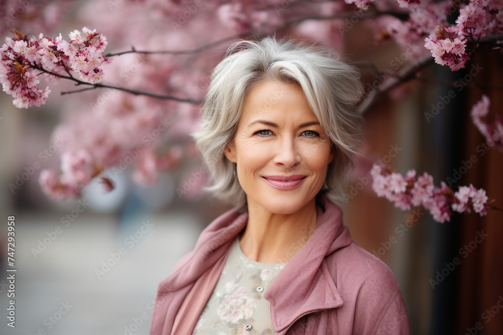 Fototapeta premium Creative Generative AI technology picture of happy people surrounded by spring blossom enjoying great day