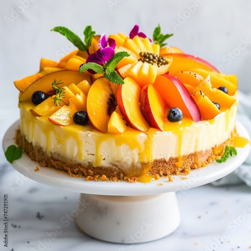 no bake cheesecake decorated with fruits, white background, mint leaves, peach, olives