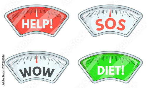 Diet scales meter. Weight scale meter for body mass control, obesity level bmi indicator cholesterol eating calculator, bathroom floor weights dial measure neat vector illustration