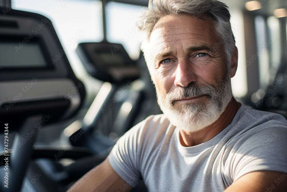 Elderly people pensioners working out in modern interior big spacious gym Generative AI illustration