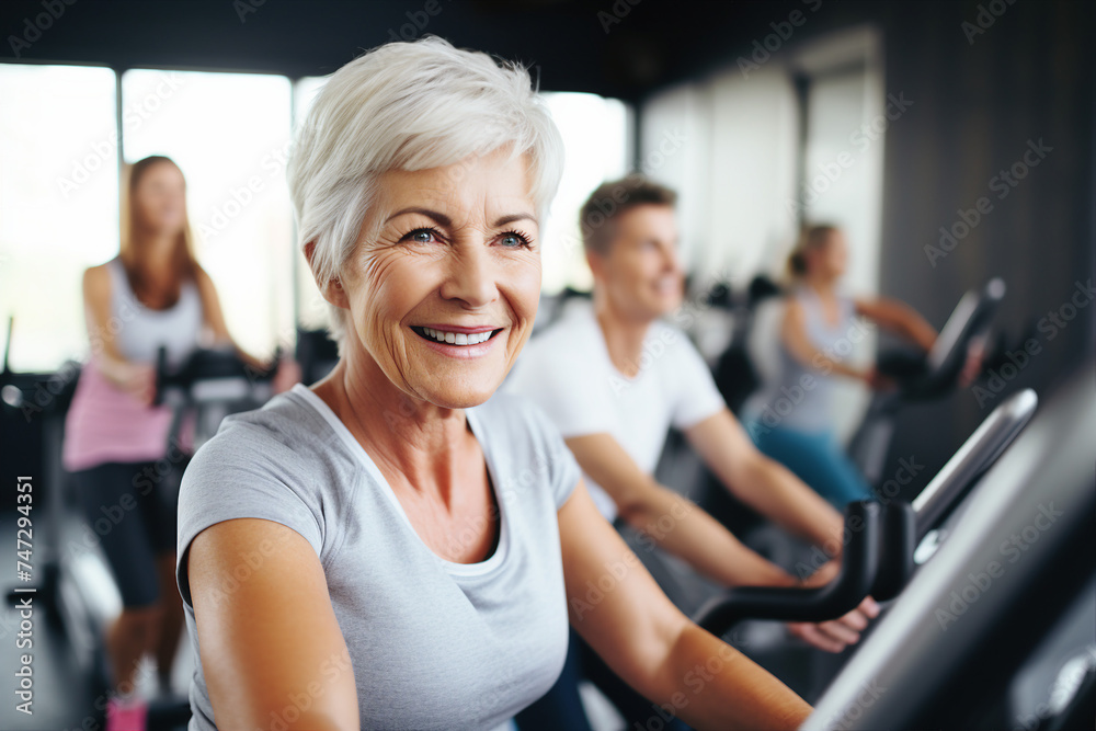 Elderly people pensioners working out in modern interior big spacious gym Generative AI illustration