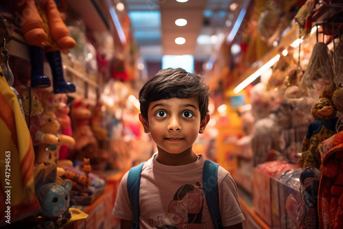 Young child standing in a toy store in front of shelves with toys generative AI