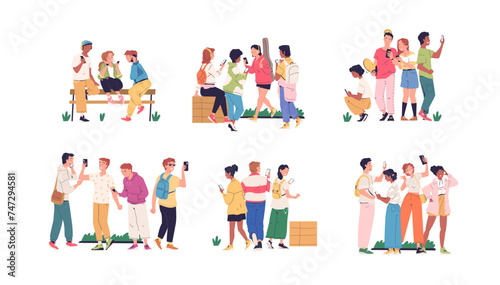 Group using phones. Young person crowd characters smartphone communications, people internet connect digital smart gadget addiction, social media blogger classy vector illustration