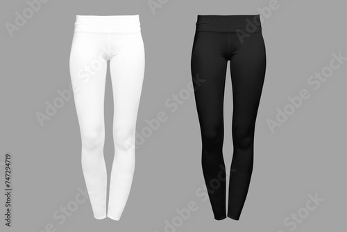 Blank black and white leggings mockup isolated. Clear leggings template. Cloth pants design presentation. Sport pantaloons stretch tights model wearing. long legs women's sport yoga wear.3d rendering. photo