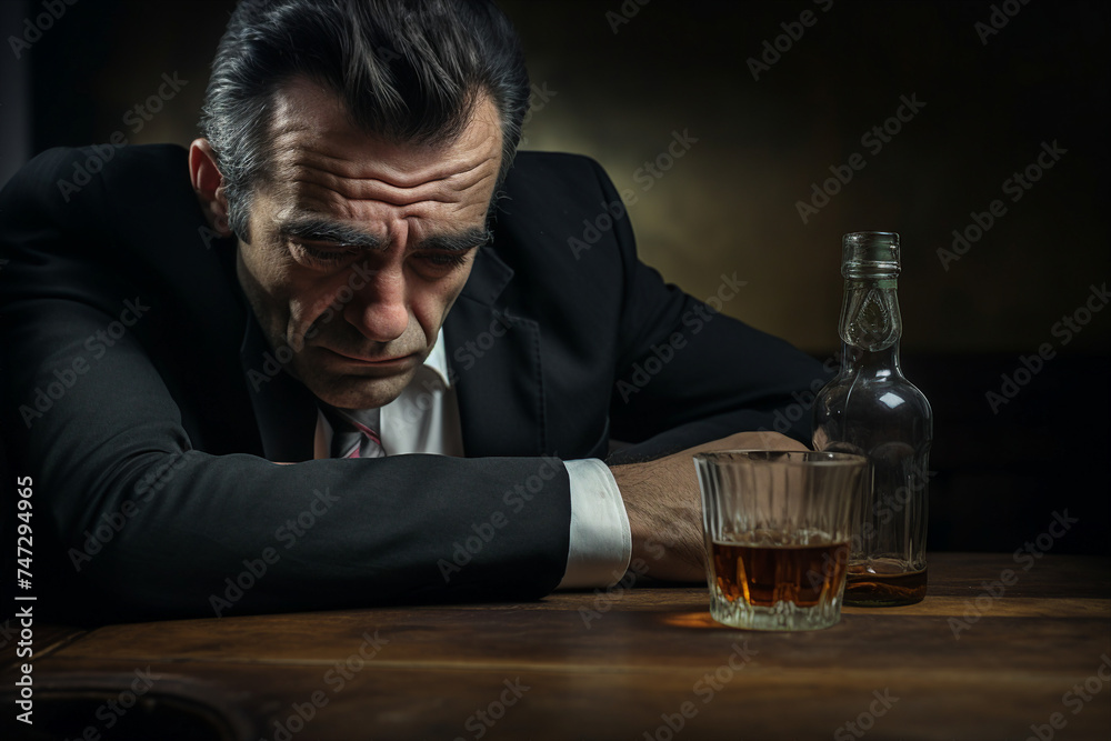 AI generated portrait of alcoholic man sitting alone at a bar concept of alco addiction and depression AI generated portrait of alcoholic man sitting alone at a bar concept of alco addiction and depression