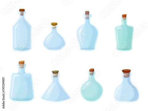 Cartoon empty glass bottles. Game vial for magic potion, wine water spirit drink or chemical liquid, ancient clear bottle with wooden cork for wizard inventory vector illustration