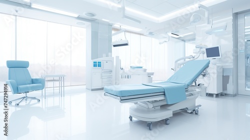 An empty  modern hospital room with medical equipment  a bed  and bright lighting  showcasing cleanliness and advanced healthcare facilities