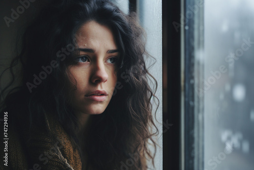 Picture of young woman looking through a rainy window with tears streaking down concept of loneliness and depression generative AI