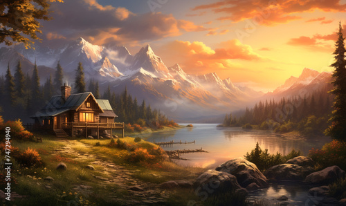 Alpine A secluded house near a tranquil lake, surrounded by lush mountains, in the golden light of sunset