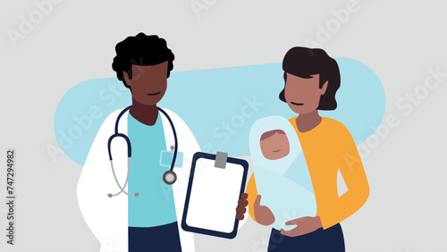 Vektor-Illustration einer Ärztin mit einer jungen Mutter und ihrem Neugeborenen