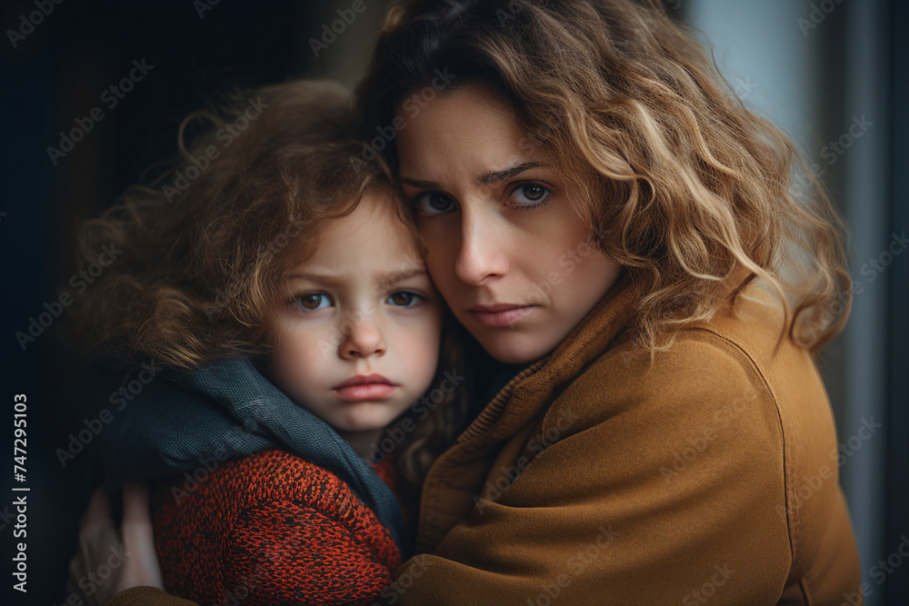 Generative ai picture of mother with son wrapped in warm blanket sitting outdoors Generative ai picture of mother with son wrapped in warm blanket sitting outdoors