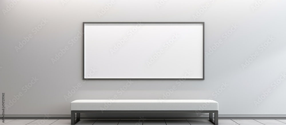 A white bench sits in a minimalistic exhibition hall, with a picture hanging on the wall as the main focal point. The room exudes a calm and modern atmosphere. A white bench sits in a minimalistic exhibition hall, with a picture hanging on the wall as the main focal point. The room exudes a calm and modern atmosphere.