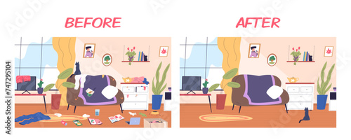Messy clean room. Dirty living house stains furniture before organizing cleaning home, neat apartment indoor after clutter mess interior garbage on sofa, chores vector illustration