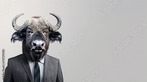a buffalo wearing a suit with a tie on a plain white background on the left side of the image and the right side blank for text