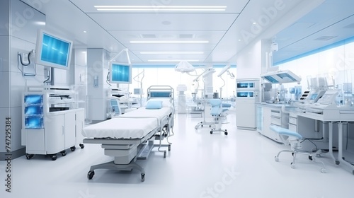 An empty  modern hospital room with medical equipment  a bed  and bright lighting  showcasing cleanliness and advanced healthcare facilities