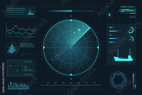Submarine radar. Navy ship sonar navigation screen hud digital interface, ocean marine flight search naval weapon targeting futuristic dashboard ui spy mission vector illustration photo