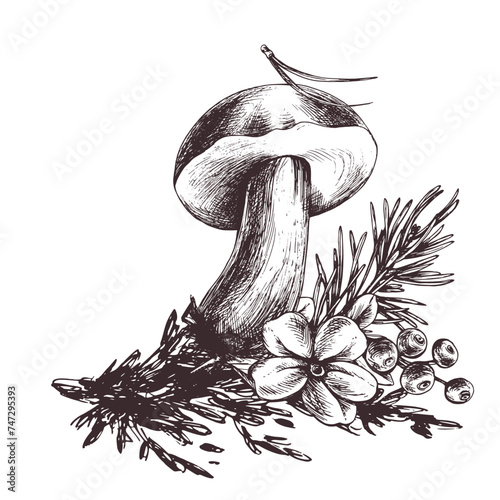 Forest porcini mushroom with larch, lingonberry, moss and cone. Graphic botanical illustration hand drawn in brown ink. For recipes, packaging, autumn festival, harvest. Isolated composition.