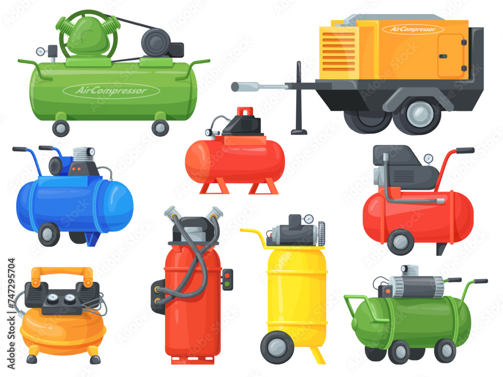 Air compressors. Pneumatic compressor for cold construction or paint work, generator pressure flow tank cylinder with valve car compression machine cartoon neat vector illustration