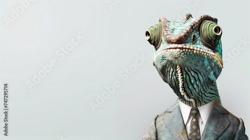 a chameleon wearing a suit with a tie on a plain white background on the left side of the image and the right side blank for text,