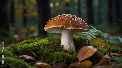 Magical View of Mushrooms in forest with dew