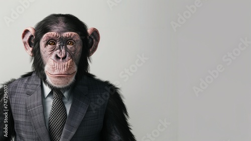 a chimpanzee wearing a suit with a tie on a plain white background on the left side of the image and the right side blank for text