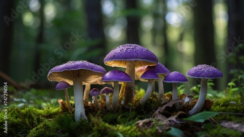 Magical View of  Mushrooms in forest with dew © Asad