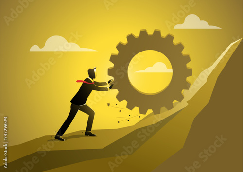 Businessman pushing a gear uphill. Business concept vector