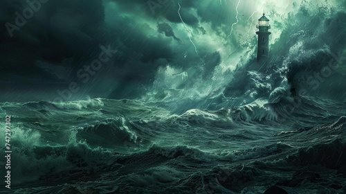 Monstrous storm waves crashing against the shore a lighthouse standing defiant the raw power of sea and climate photo