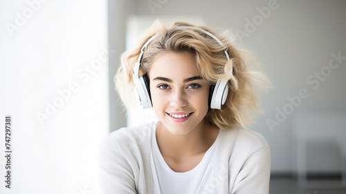 A bubbly young woman with a beaming smile enjoys music through white over-ear headphones, bathed in soft, natural light