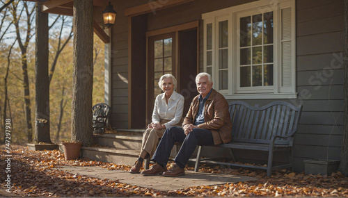 portrait of a senior couple on the bench of her house © bmf-foto.de