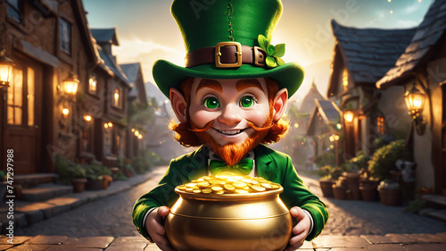 Illustration of a leprechaun with green suit and his pot of gold photo