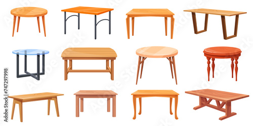 Wooden dining tables. Cartoon contemporary table for outdoor restaurant rustic or office furniture, small round wood tabletop kitchen desk interior, set neat vector illustration