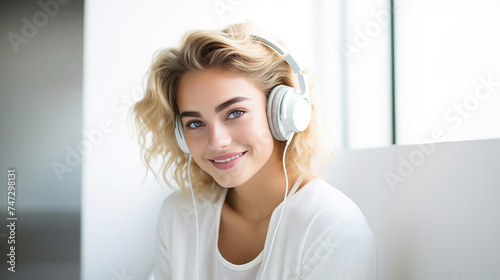 A bubbly young woman with a beaming smile enjoys music through white over-ear headphones, bathed in soft, natural light