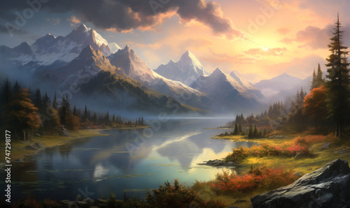 Dawn at the First light breaking over a serene lake nestled among towering mountains, awakening landscape © SOLO PLAYER