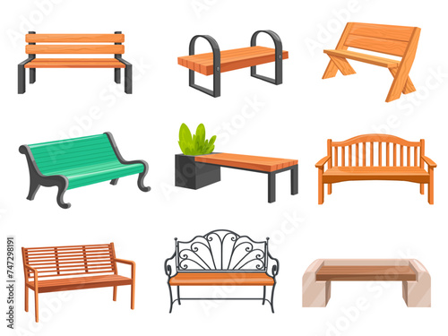 Cartoon wooden benches. Wood bench set, street relaxation place garden couch modern seats city outside park urban outdoor furniture