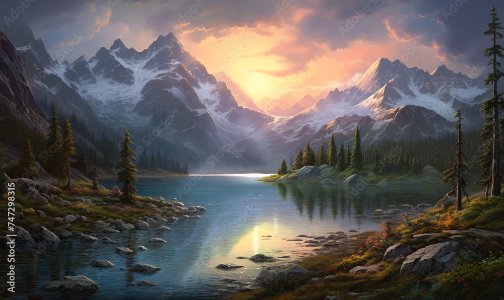Dawn at the First light breaking over a serene lake nestled among towering mountains, awakening the landscape
