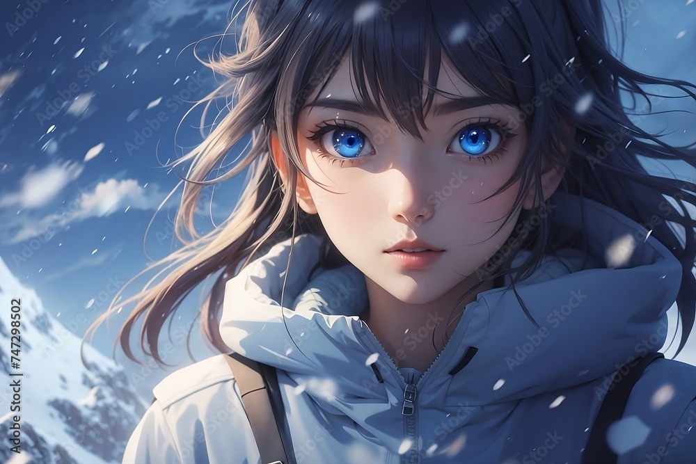 anime girl looks seriously and her eyes shine blue. - obrazy, fototapety, plakaty 