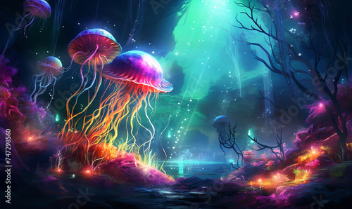 Enchanted marine Luminous jellyfish, mystical algae, and colorful shellfish in a seaweed forest, a fantasy under the sea photo