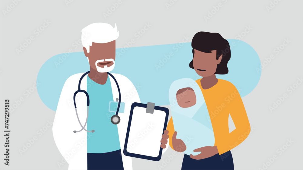 Vektor-Illustration eines männlichen Arztes mit einer jungen Mutter und ihrem neugeborenen Baby - Gesundheit Konzept Vektor-Illustration eines männlichen Arztes mit einer jungen Mutter und ihrem neugeborenen Baby - Gesundheit Konzept