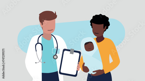 Vektor-Illustration eines männlichen Arztes mit einer jungen Mutter und ihrem neugeborenen Baby - Gesundheit Konzept