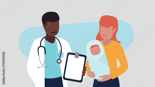 Vektor-Illustration eines männlichen Arztes mit einer jungen Mutter und ihrem neugeborenen Baby - Gesundheit Konzept