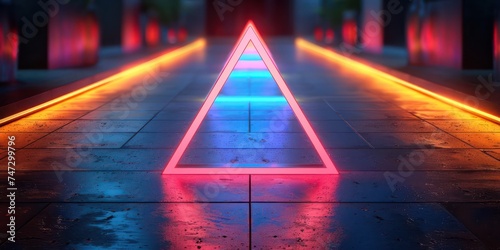 Pink neon triangle with glowing lines on reflecting floor, abstract background. Generative AI