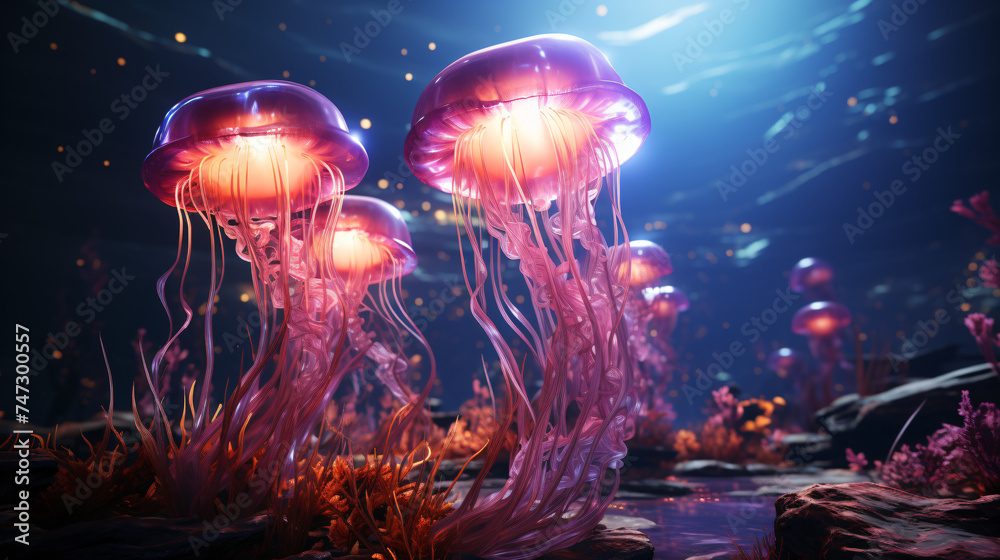 Jellyfish in the deep sea water - obrazy, fototapety, plakaty 