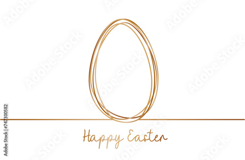 Happy Easter greeting card with line art gold easter egg on isolated white background. Vector illustration 