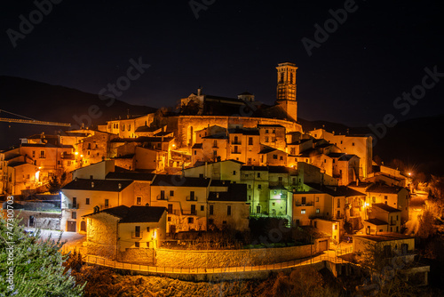 Goriano, Sicoli, Italy A night view of the  hilltop town of Goriano Sicoli and also drawn by MC Escher. photo